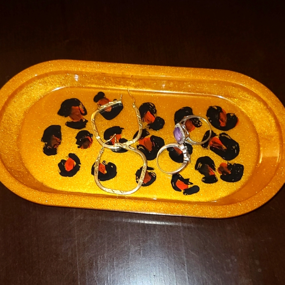 Gold Color Cheetah Print Custom resin rolling tray/jewelry dish/trinket dish han